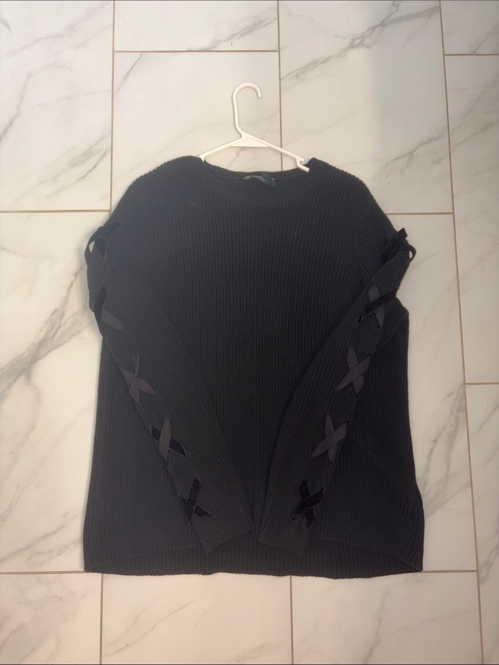 Ralph Lauren Black Crewneck Sweater with Ribbon-Sleeve Detail - Picture 1 of 1